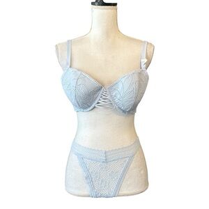 NWOT Aerie Show Off Balconette Bra and Thong Matching Set in Light Blue 36D